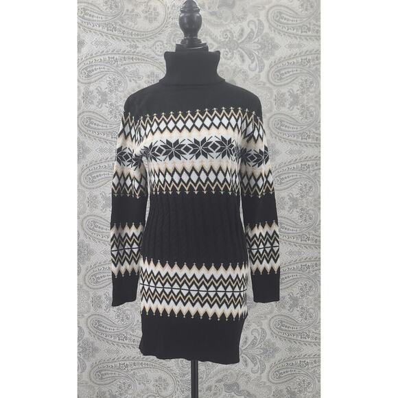 Nordic Fair Isle womens turtleneck sweater dress Size small black office Cozy - Picture 2 of 8